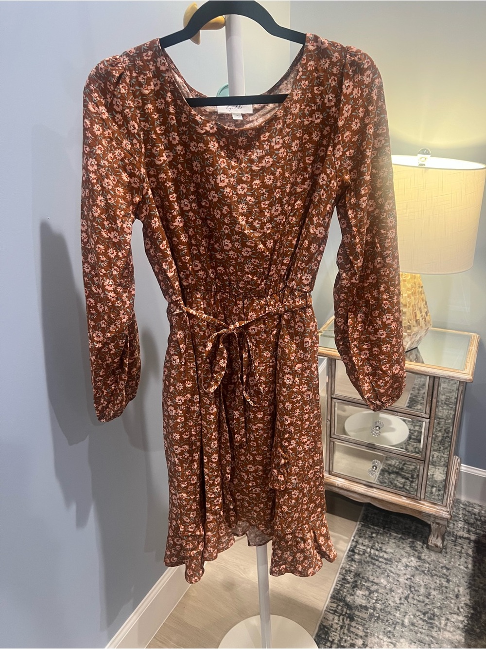 Gilli Brown Floral Tie-Waist Long Sleeve Dress